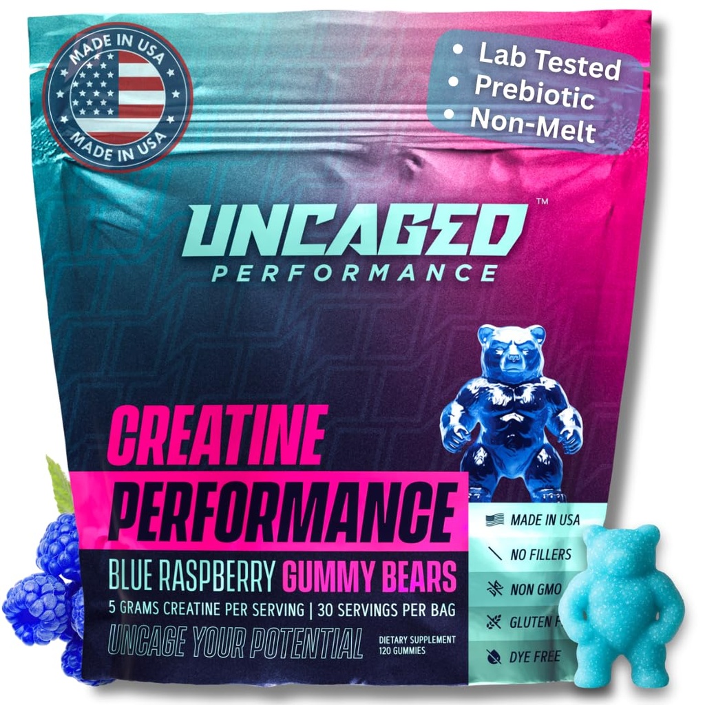 Kreatinové monohydrát Gummies 5G - Delicious Blue Raspberry Flavor, Max. síla pro růst svalů, rychlé absorbování pro muže a ženy - Premium All Natural, Lab Tested - 30 Služeb