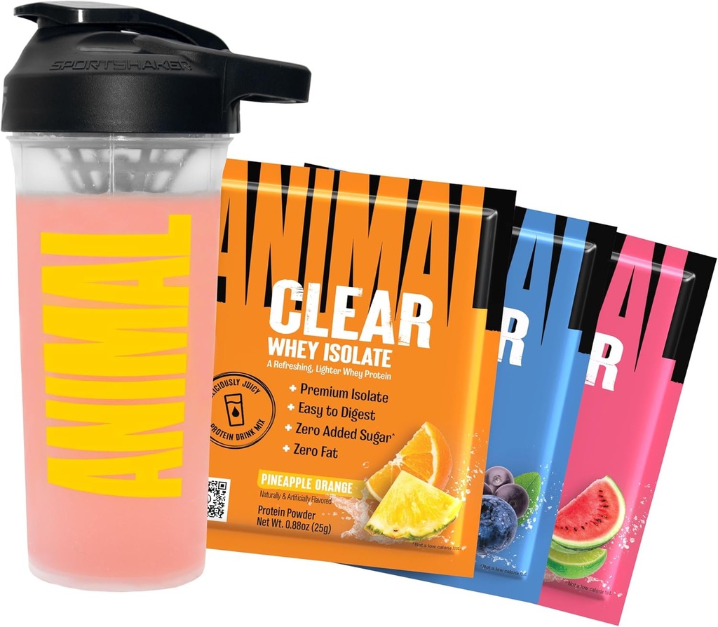 Animal Clear Whey Protein Isolate Sampler Pack & Shaker Bottle - Delicious Juicy 20g Protein, Watermeloun Limeade, Blueberry Acai, Ananas Orange, 3 Jednorázové-servírovací balíčky