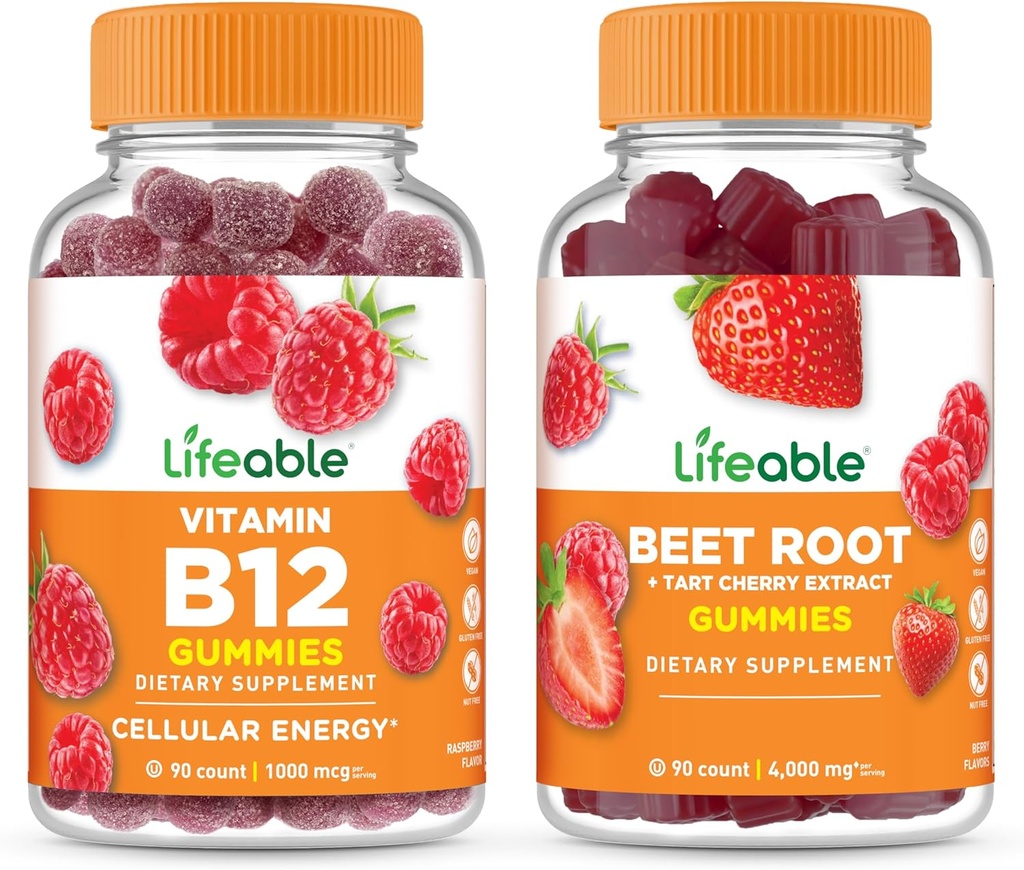 Živý vitamin B12 + Řepa kořen, Gummies Bundle - Velký přípitek, doplněk vitamínu, gluten zdarma, GMO zdarma, žvýkací