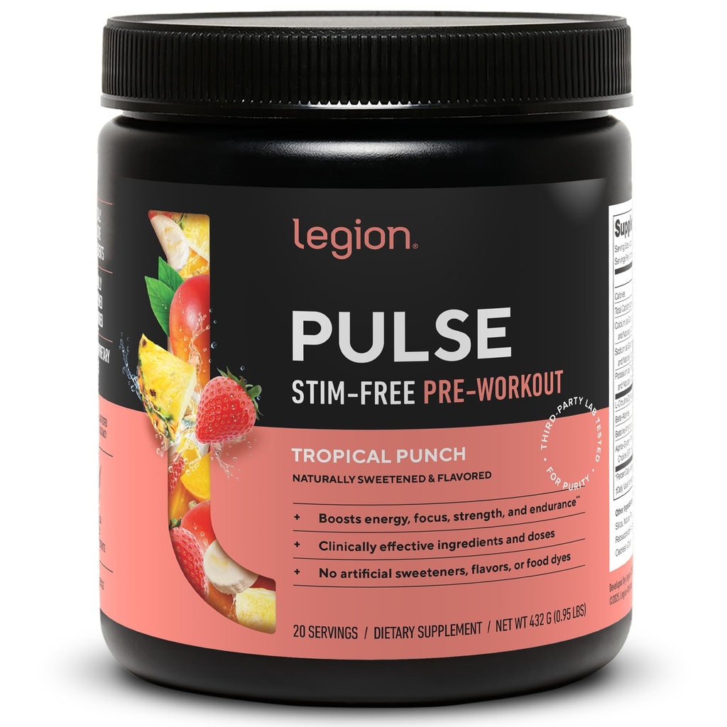 Legion Pulse Pre Workout Dodatek - Všechny přírodní oxid dusnatý Precvičení nápoj na zvýšení energie, Creatine Free, přirozeně slazené, Beta Alanin, Citrulline, Alfa GPC (kofein zdarma tropický punč)