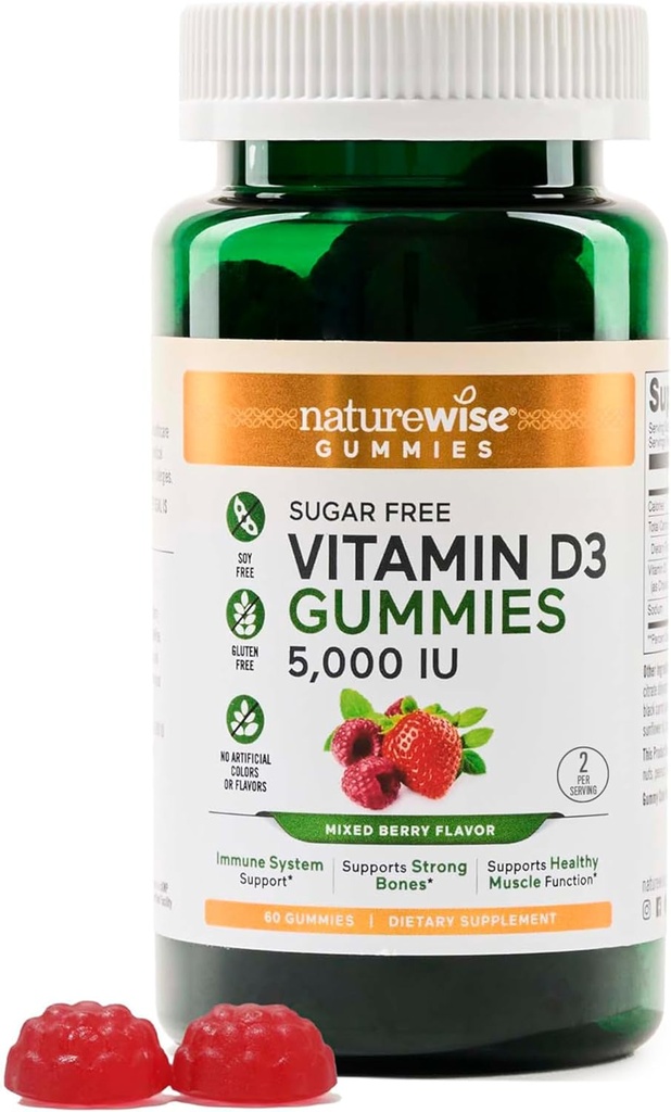 NatureWise Vitamin D3 5000 IU Gummies - Sugar- Free MixBerry Flavor - Vitamin D Gummies pro dospělé, podporuje imunitu, svalovina a síla kostí - Gelatin- Free, Non- GMO- 60 Gummies [1- Month Supply]