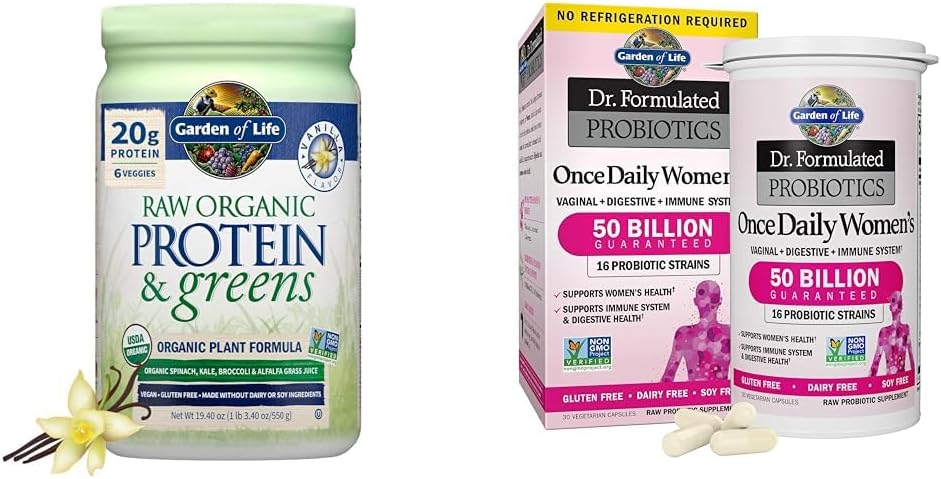 Zahrada života Syrové organické bílkoviny a zelené vanilkové - Veganský protein prášek pro ženy a doktorské ženské probiotika jednou denně, 16 Strains, 50 Milionů, 30 Počet