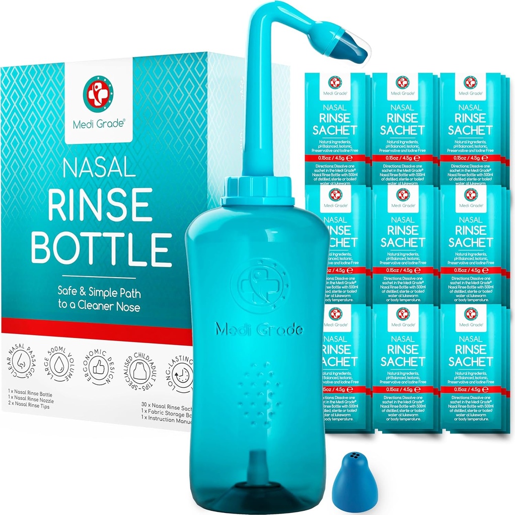Medi třída Sinus Rinse láhev, 500 ml s 30 Sinus Rinse Packets - Kompletní Nasal zavlažovací systém - Neti Pot Nose Cleaner - Nasal Wash Kit pro domácí nebo cestovní - 2 Nasal Rinse Tipy a skladovací pytel