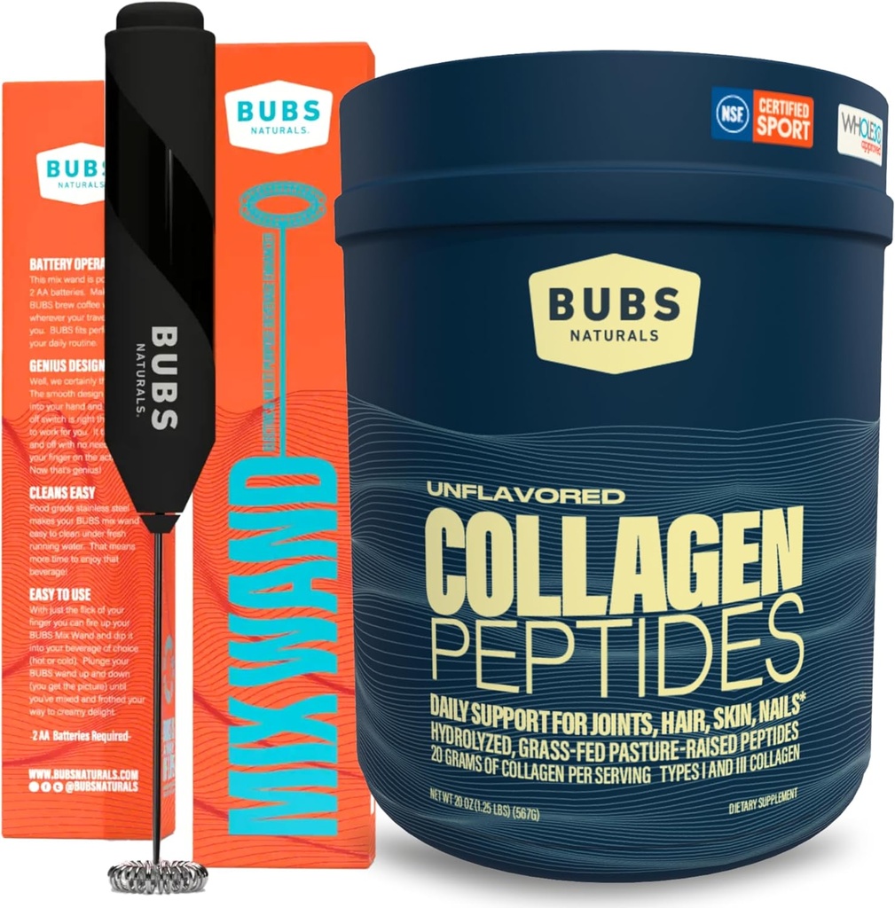 BUBS Naturals Kolagen Peptides Powder & Mixing Wand Bundle, Kolagen pro ženy a muže, Hydrolyzované Peptidy, Neochucené Pasture Raised Grass Fed, Keto Friendly, 20 oz Collagen Tub (28 Služeb) + 1 hůlka