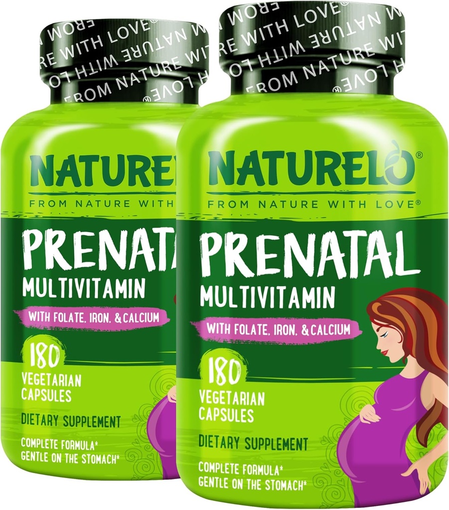 NATURELO Prenatal Multivitamin s Gentle Chelated Iron, Methyl Folát, Plant vápník & Cholin - Vegan, Vegetarian - Non- GMO - Gluten Free - 180 Kapsle - 4 Měsíční zásoba (Balení po 2)