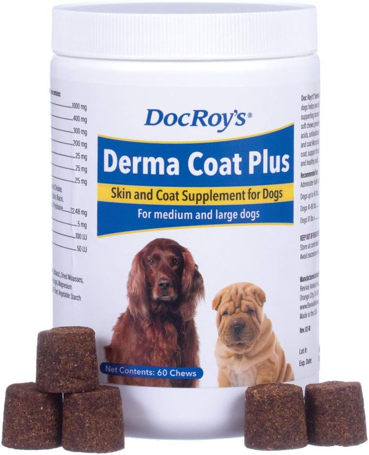 Revival Animal Health Doc Roy 's Derma Coat Plus kůže & coat dodatek pro střední / velké psy - 60 ct Chews