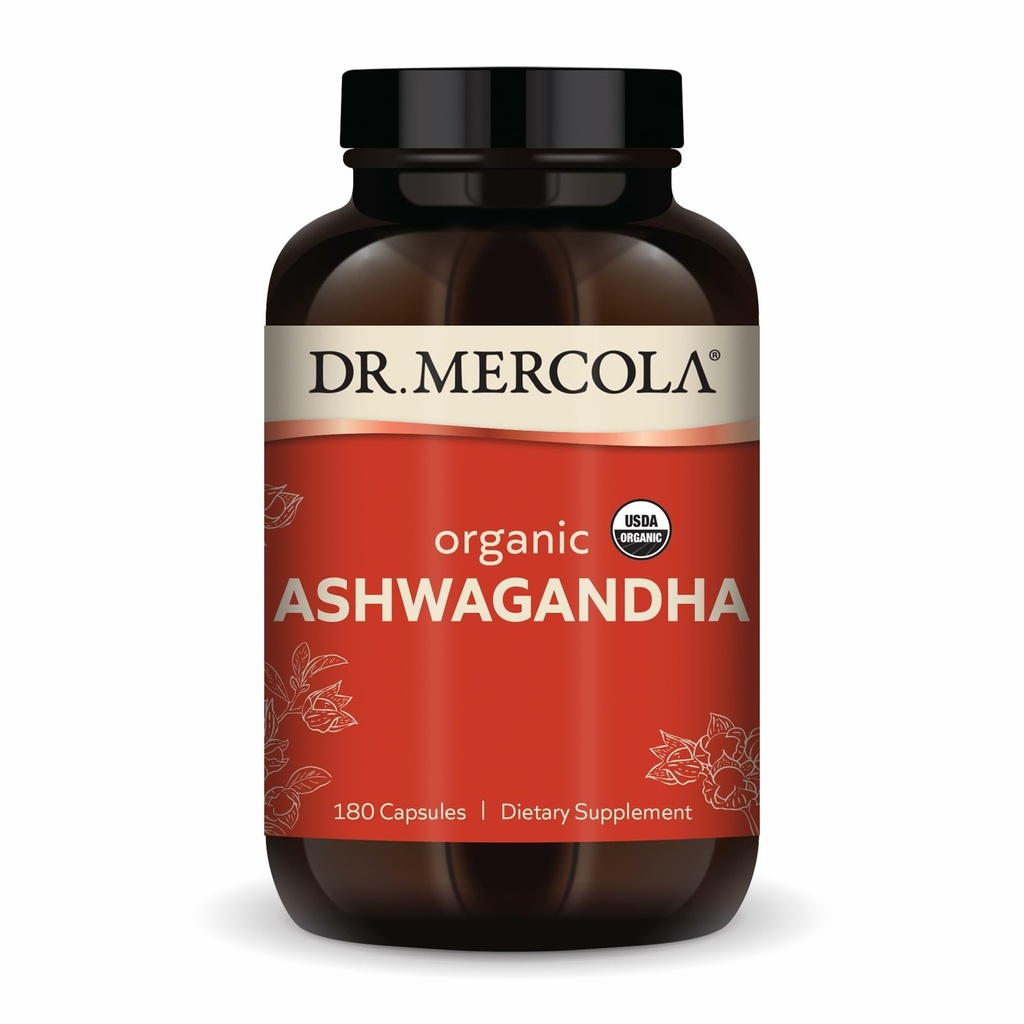 Dr. Mercola Organic Ashwagandha - Supports Energy Production & Adrenal Health - 800 mg Per Serving - Non-GMO, Gluten-Free & Soy-Free - Certified USDA Organic - 180 Capsules (90 Servings)