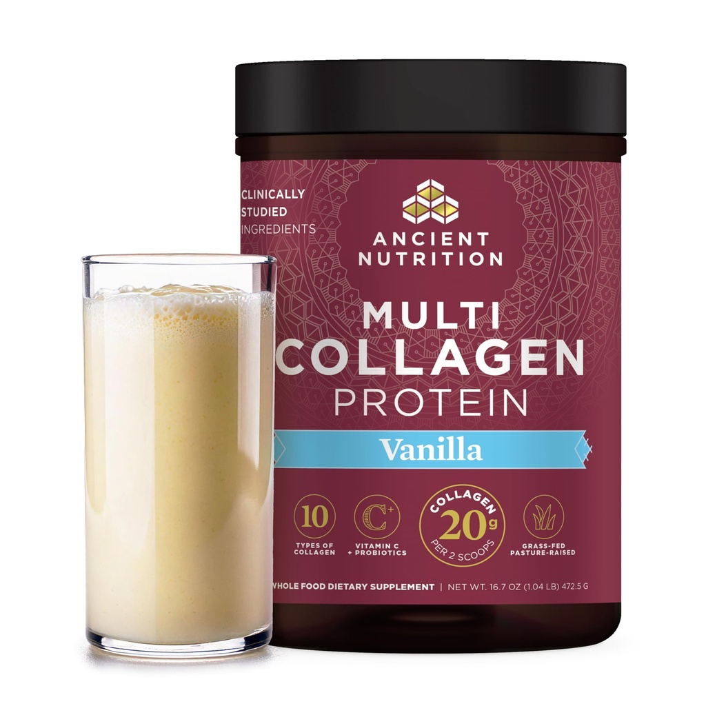 Starověká výživa Kolagen Peptidy Prášek, Multi kolagen Protein, Ženy & Muži, Vitamin C, Probiotika, Hydrolyzované kolagen, Podporuje pleť, Sponky, Gut zdraví, Vanilla, 45 Servings