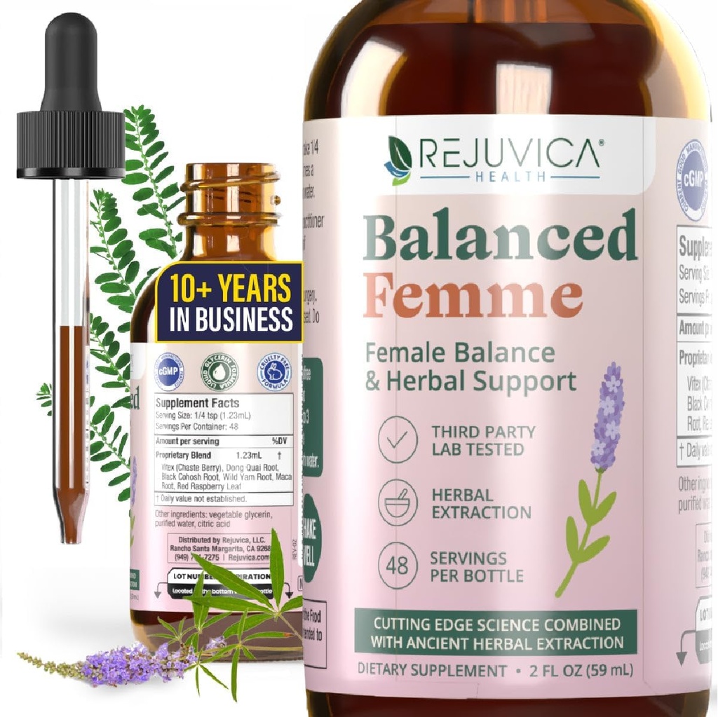 Rejuvica Health Balanced Femme - Advanced female Balance Supplement - Liquid Delivery for Better Absorption - Vitex, Dong Quai, Black Cohosh, Maca Wild Yam & Více!