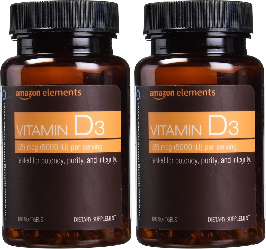 Prvky Vitamin D3, 5000 IU, 180 Softgels, 6 měsíční zásoba (balení květen Vary), podporuje silné kosti a imunitní zdraví (balení po 2)