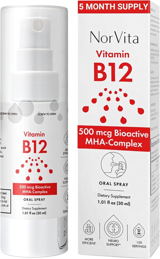 Vitamin B12 Spray 500 mcg (150 Servingů) - Quick Absorption MHA Complex (Methylkobalamin, Hydroxykobalamin, Adenosylkobalamin) - Vegan, Non- GMO, Tekutý doplněk B12