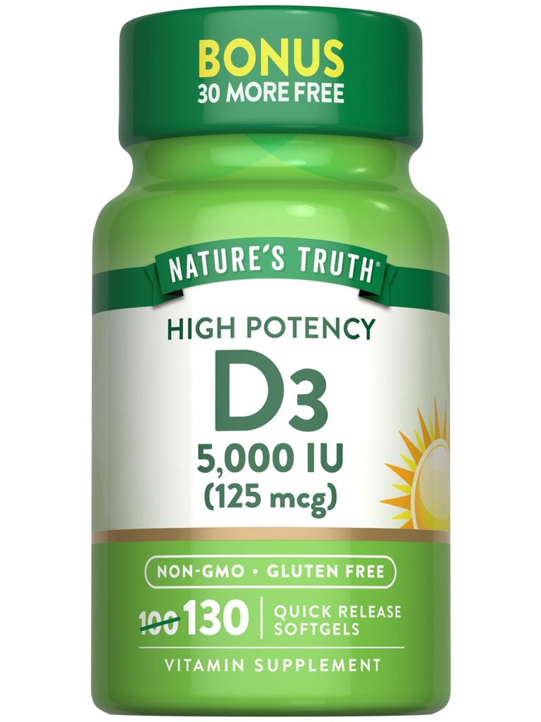 Nature 's Truth Vitamin D3 5000 IU Softgels CLAS124; 130 Count CLAS124; High Potency CLAS124; Non- GMO & Gluten zdarma dodatek