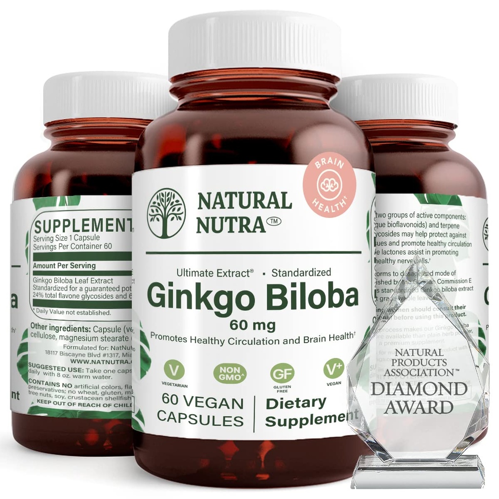 Přírodní Nutra Ginkgo Biloba, zlepšuje cirkulaci do mozku a zvyšuje paměť, zvyšuje tok kyslíku, a zlepšení funkce mozku, Podpora Nerve zdraví, Vegan a gluten zdarma, (60) Kapsle