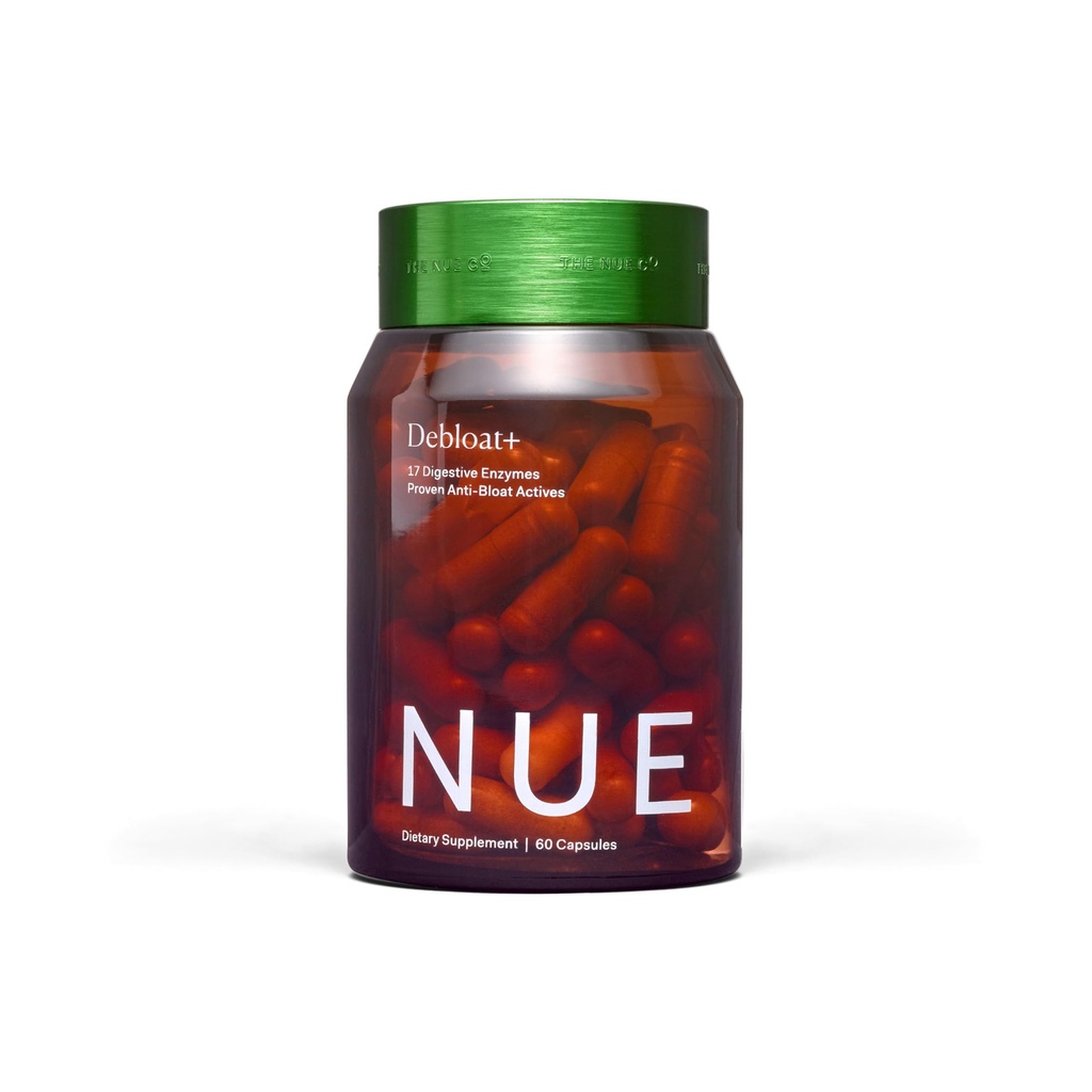 The Nue Co. DEBLOAT + Doplněk, Nadýmání, Zklidnění plynu a bolesti břicha, Podpora imunity, Zlepšuje Gut zdraví, Vegan, Gluten zdarma, 60 Kapsle