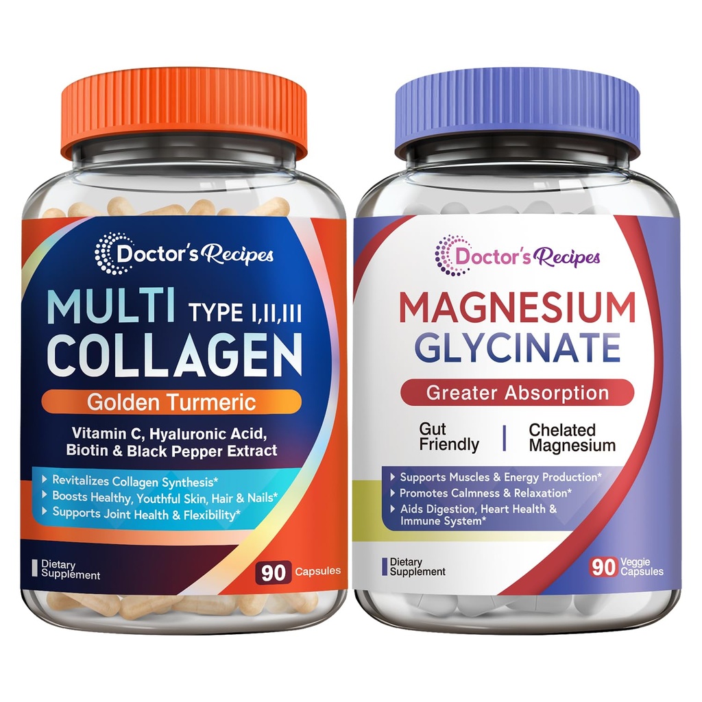 Lékařské recepty Komplex kolagenu a Glycinát hořčíku, Omlazení celého těla, Relax & Reliéf, Kolagenové kapsle 90 ct & Magnesium Kapsle 90 ct