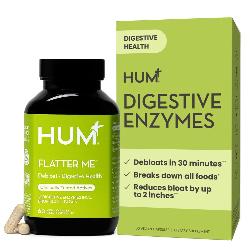 HUM Fotter Me trávicí enzymy pro ženy a muže, Dědičné zdraví Bloating dodatek s zázvorem & Peppermint Leaf, rychle působící anti Bloat pilulky Multi enzym pro odplyňování, Vegan, 60 Kapsle