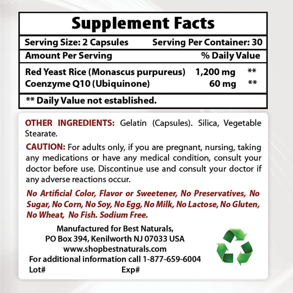 Nejlepší Naturals Red Yeast Rice s COQ10 & Niacin 500 mg