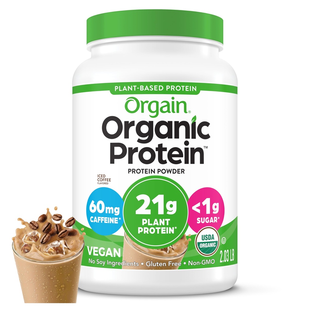 Orgain Organic Vegan Protein Powder, Iced Coffee - 21g Plant Protein, 60mg kofeinu, Nízká čistota karb, žádné přísady laktózy, žádný přidaný cukr, Non- GMO, pro třepání a smoothies, 2.03 lb