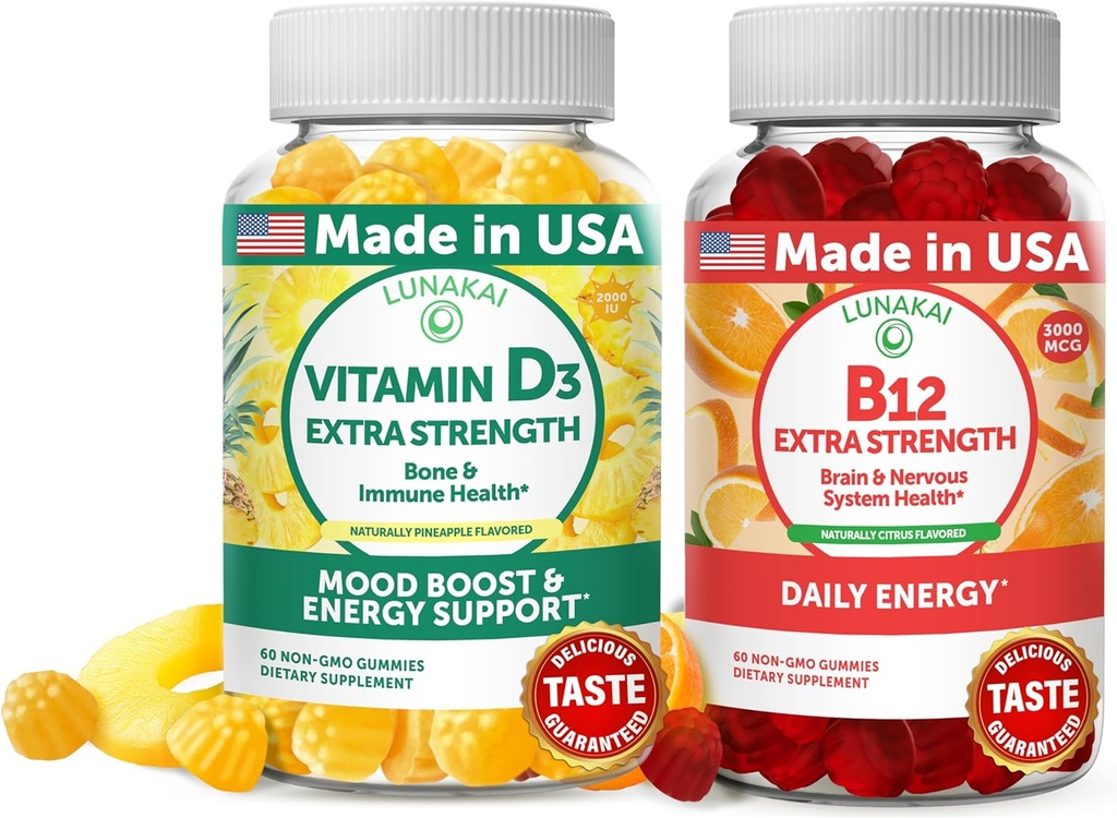 Lunakai Vitamin D3 a Vitamin B12 Gummies Bundle - Imunita, Kostní a Mood Support VIT D3 2000IU Dodatek - 3000mcg Metylkobalamin Vysoký Absorpční energie Gummy - 30 dní Dodávka