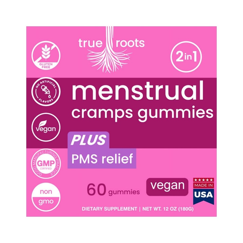 Menstruační třecí období Gummies True Roots current 124; PMS Supplement for Women current 124; Zdravý tok current 124; Flo PMS menstruate cycle relief, Cramping and Bloating current 124; Vegan & Natural Flavors current 124; 60