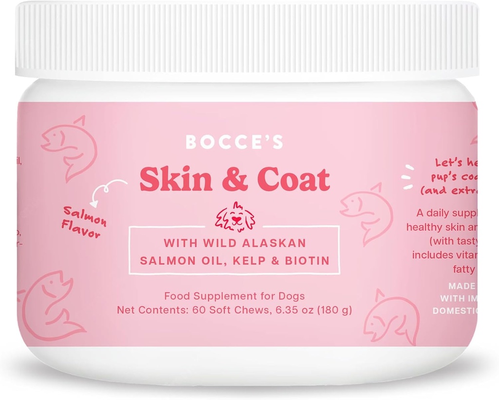 Bocce je pekařství kůže & coat dodatek pro psy, Denní žvýkací v USA s vitamínem E & esenciální mastné kyseliny, podporuje zdravou pleť & coat, losos, 60 ct, červená (DG-SP-SKIN60)