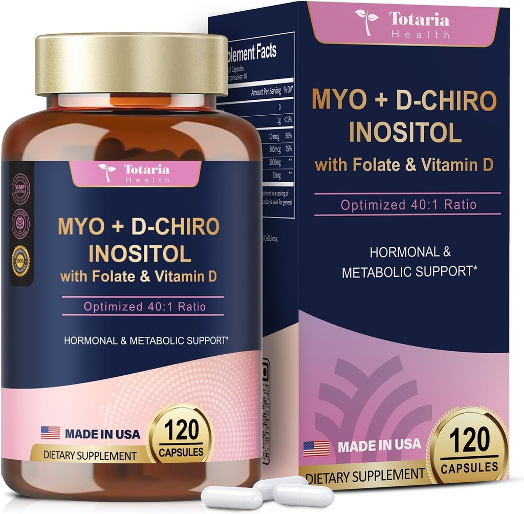 Totaria Inositol Dodatek - 3075mg Myo- Inositol & D- Chiro Inositol Capules Plus Vitamin D3, Folát, Ideální 40: 1 Poměr - Hormonální bilance pro ženy & Ovaria * Podpora 124; Vegan, Non GMO - 120 Caps