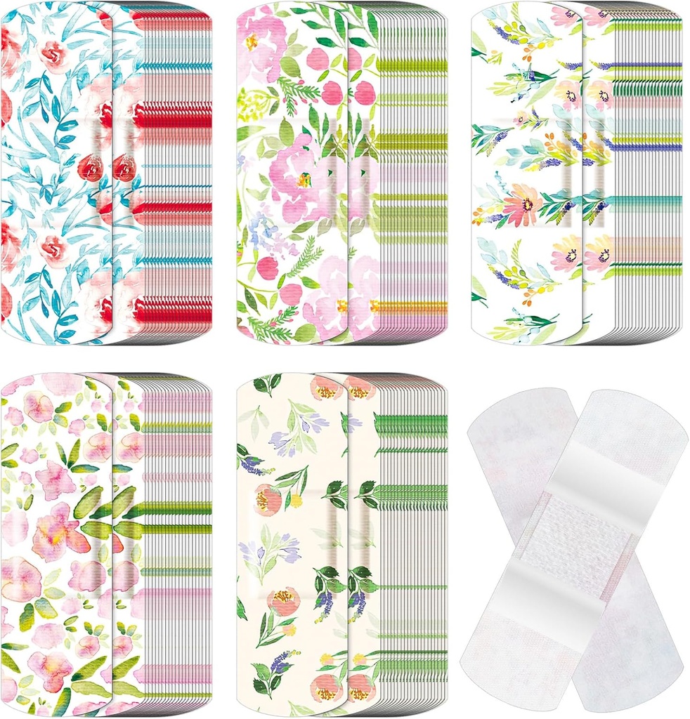 120 Pcs Fabric Adhesive Flexible Bandages Bulk Asdied Shapes and Patterns Small Bareful Pretty Fabric Bandages with Non Stick Pad 3 x 1 Inch for Cuts Wound Scraps Women (Flower)