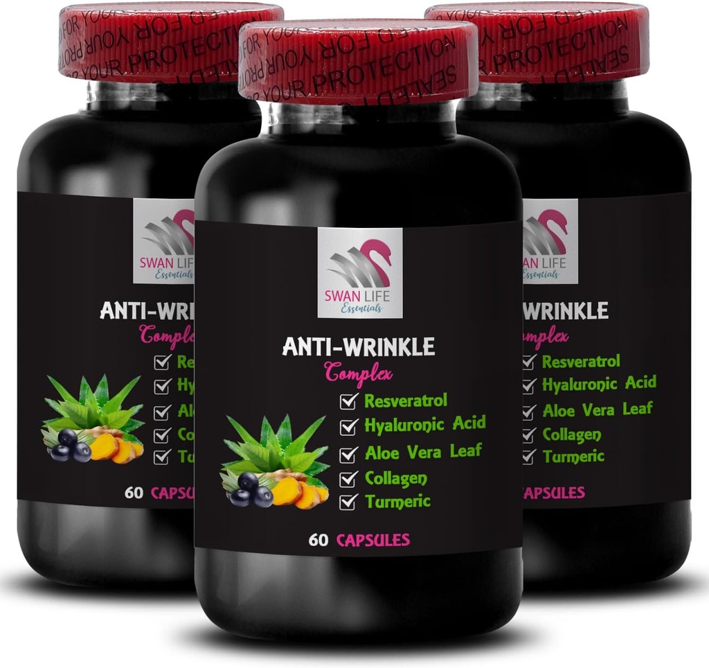 Alpha Lipoic Acid - Anti- Wrinkle Complex - L- Glutathione, Aloe Vera, Kolagen Support, Green Coffee Bean, Lycopene, Turmeric, Grape Seed, Hydration Boost, Skin Firming, hladká textura 3Bot 180Caps