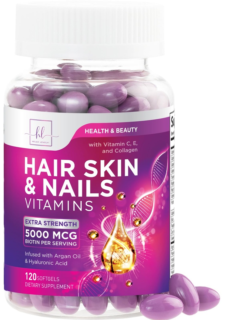 Vlasy, kůže a nehty Vitamíny pro ženy - Biotin 5000mcg na podporu růst vlasů s arganovým olejem, kolagen a hyaluronic kyselina, krásná, silnější kůže, vlasy a nehty vitamin dodatek - 120 Softgels