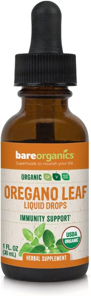 BareOrganics Oregano Leaf Liquid Drops, Bylinný dodatek, Imunity Support Drops, 1 Ounce