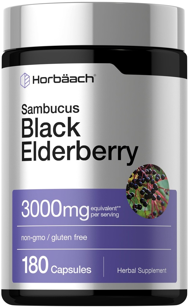 Horbäach Black Elderberry CLAS124; 3000mg Kapsle CLAS124; 180 Count CLAS124; Non-GMO, gluten Free CLAS124; Sambucus Extract Supplement