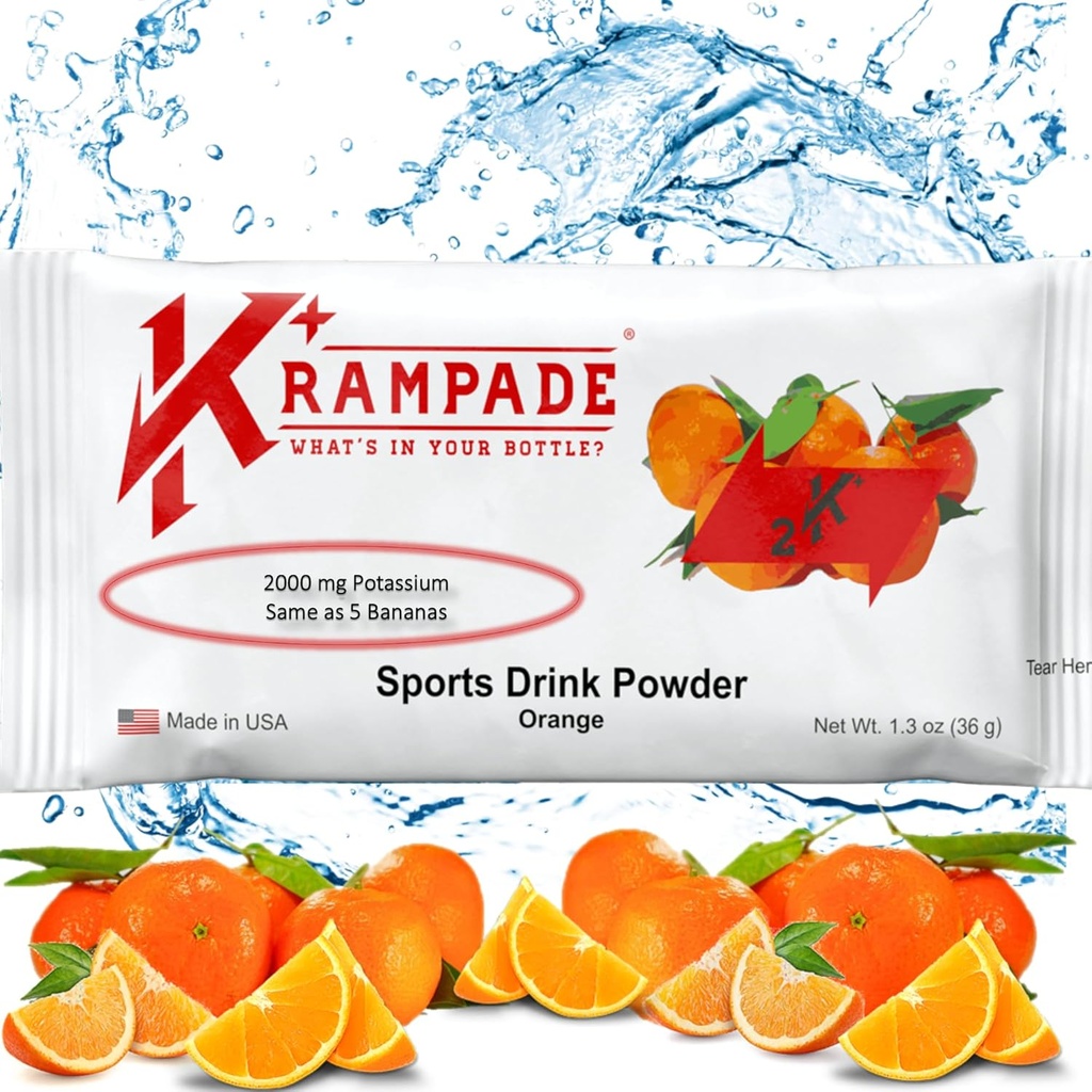 Krampade Original 2K - 2000 mg Draslík Electrolyte Powder Drink Mix 124; Reliéf na křeče - Hydratace - Zvýšený výkon 124; Orange - 20 Single Serving Packets