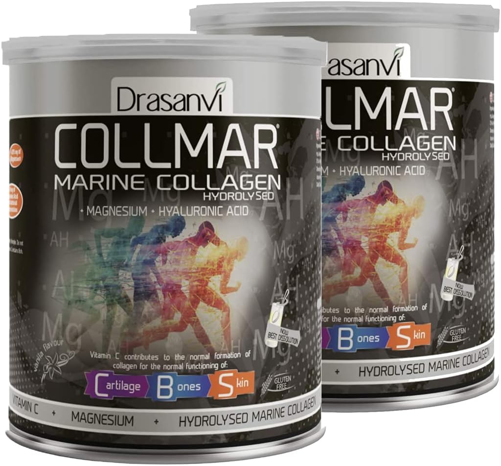 Drasanvi 2 Balení Collmar Hydrolyzované Marine Kolagen s magnesiumovým práškem 300g Vanilla Flavor - španělské doplňky pro zdravé kožní chrupavky a kosti - Pomáhá minimalizovat únavu a únavu