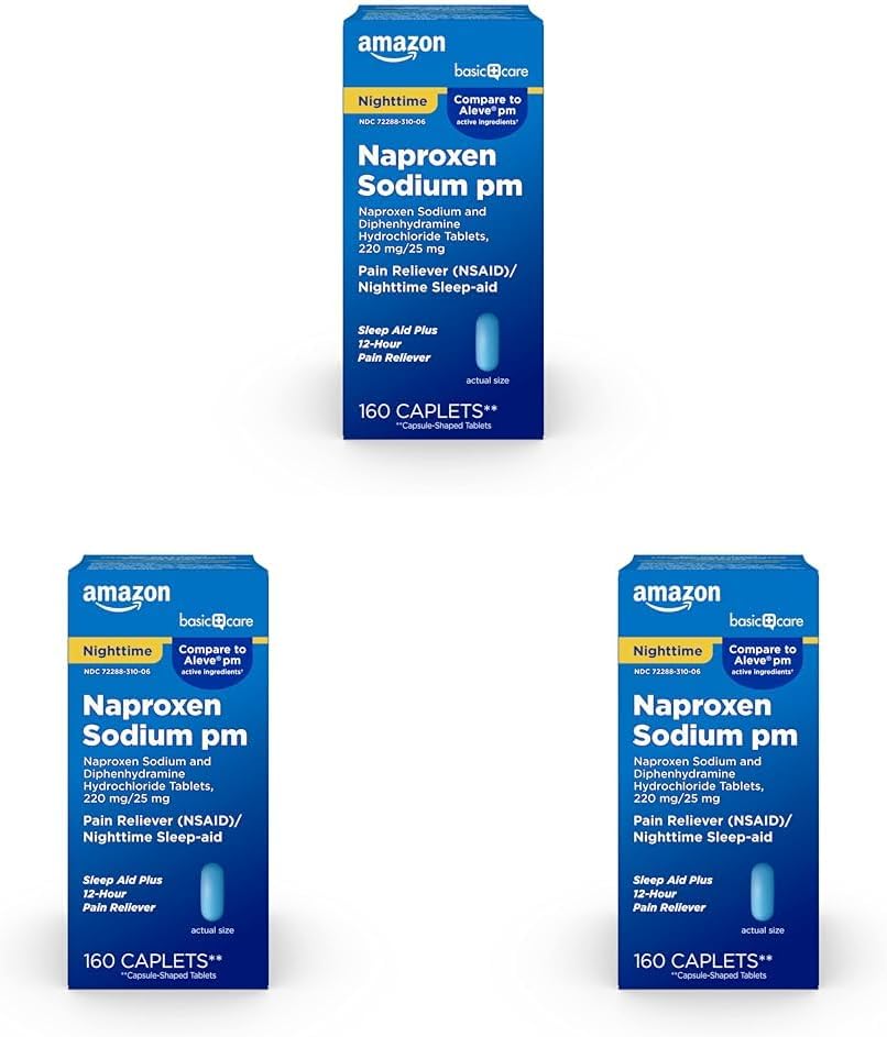 Basic Care All Night Pain Relief PM, Naproxen Sodná sůl, 220 mg / Difenhydramine Hydrochloridum, 25 mg tablety, Pain Reliever / Nighttime Sleep- Aid, 160 Počet balení po 3)