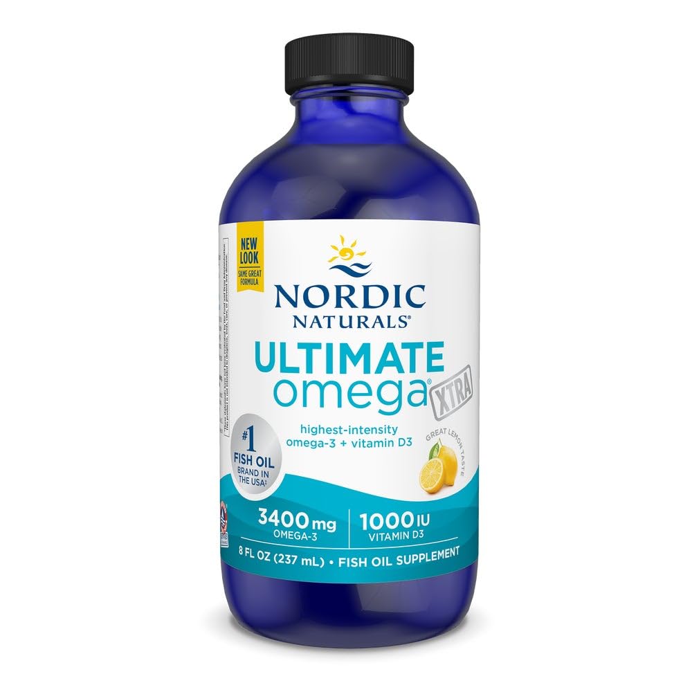 Nordic Naturals Ultimate Omega Xtra Liquid, Lemon Flavor - 8 oz - 3400 mg Omega-3 + 1000 IU vitaminu D3 - EPA & DHA - Mozek, srdce, kloub, a imunitní zdraví - Non- GMO - 48 Služeb