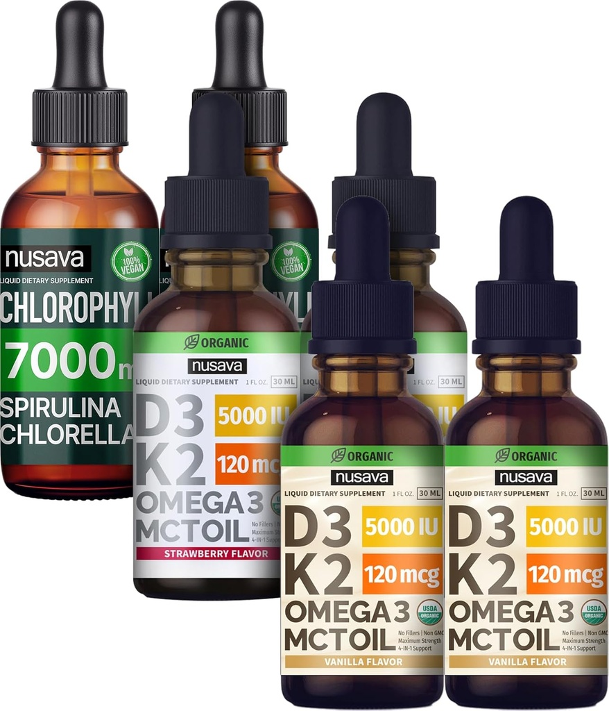 NUSAVA Jahodové ochucené D3 K2 Kapky, Vanilla ochucené D3 K2 Kapky, & Chlorofyl tekuté Kapky Bundle - Potentní tekuté vitaminy pro srdce, společné, energie, a imunitní podpora - Non- GMO, gluten- zdarma, 2pk