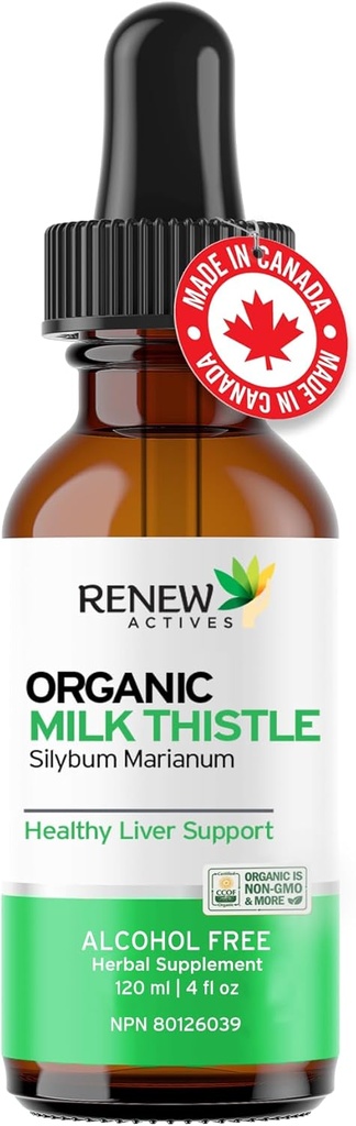 Renew Actives Milk Thistle Liquid Extract 110MG per 2ML - Játra Support Drops for Optimal Health - No Alkohol, Non- GMO, Vegan - Podporuje funkci jater a stravitelné zdraví - Made in Canada - 4 fl oz