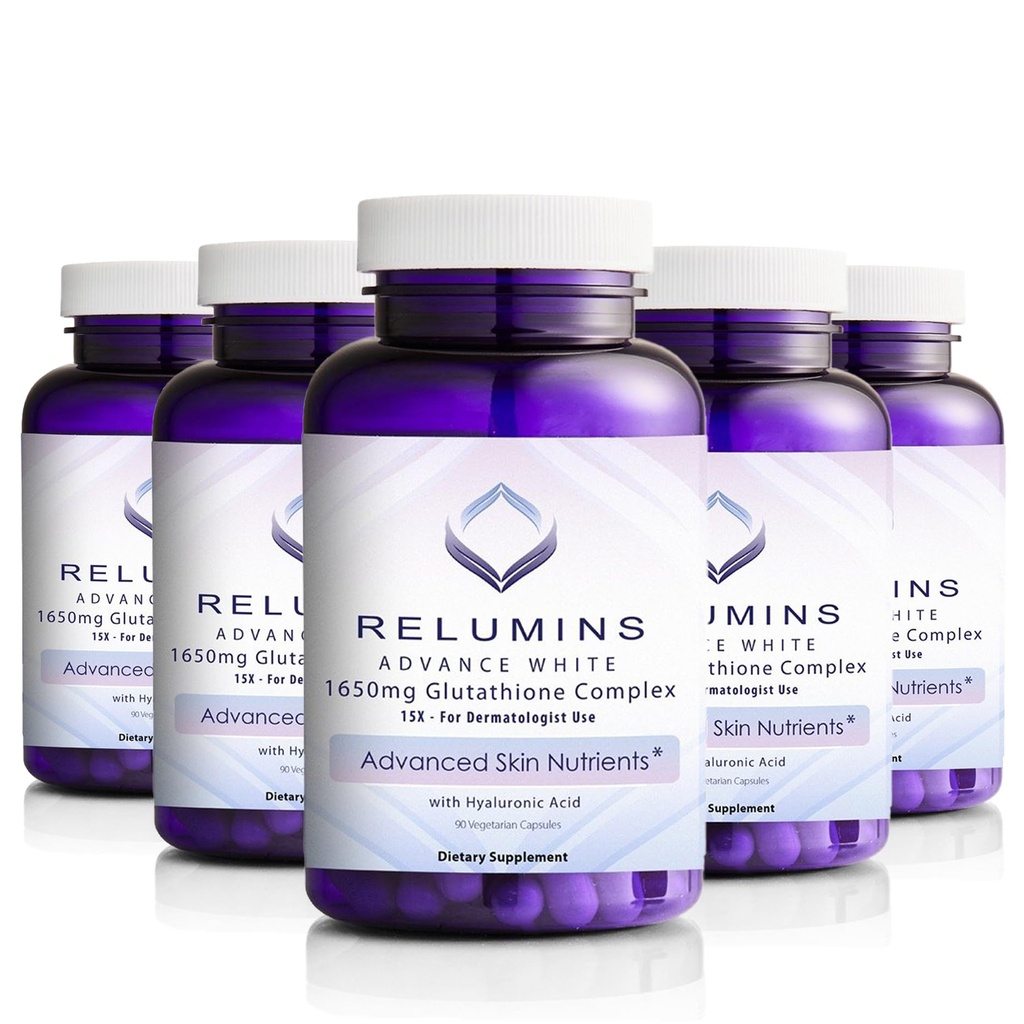 Reluminy L- Glutathione Complex 1650mg - Antioxidant Support with Alpha Lipoic Acid, NAC, L- Methionin, vitamin E, Kožní doplněk, Made in USA - 90 Vegetariánské kapsle x 5 Lahvičky