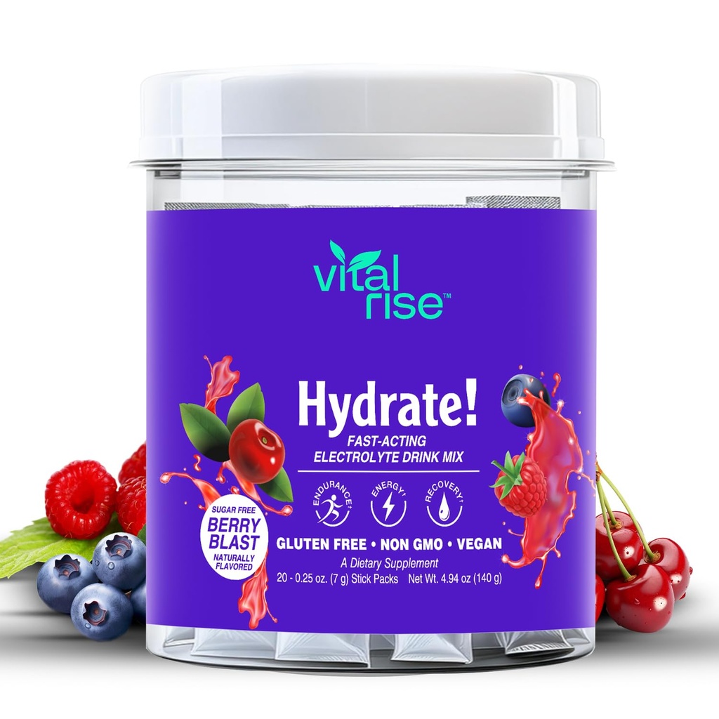 Vital Rise ® Hydrate! - Berry Blast - Hydration Powder Packets CU124; Low Sodium Electrolyte Drink Mix CU124; Easy Open Single-Serving Stick CU124; Non- GMO CU124; 20 Servings (Balení po 1)