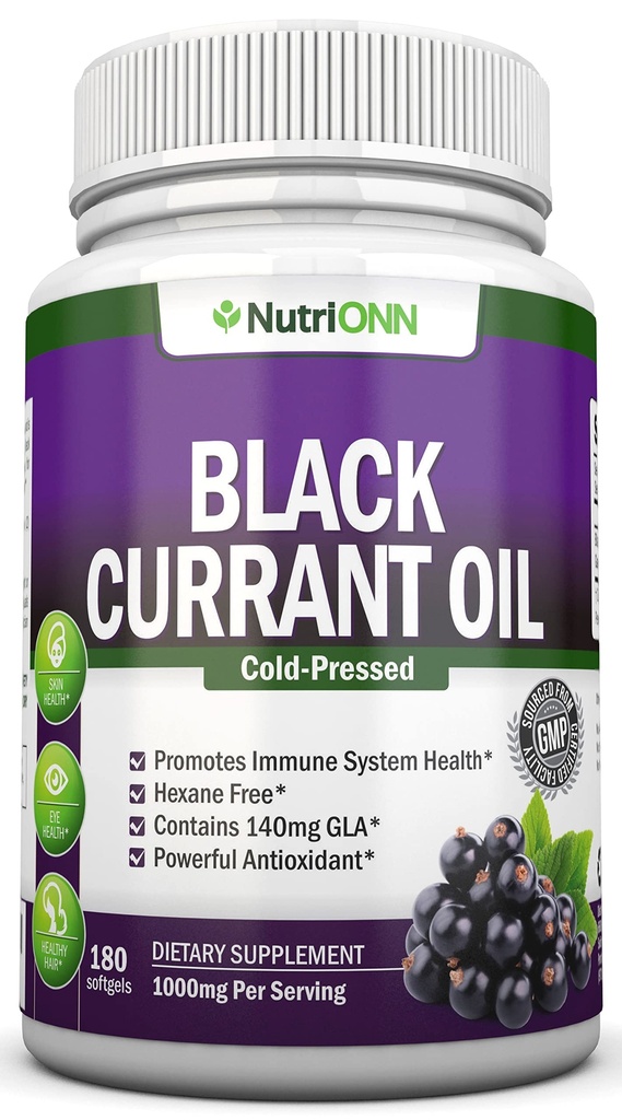 Černý Currant Oil - 1000 Mg - 180 Softgels - Cold- Pressed Pure Black Currant Seed Oil - Hexane Free - 140mg GLA Per Serving - Reguluje hormonální rovnováhu - Skvělé pro imunitní systém, vlasy a kůži