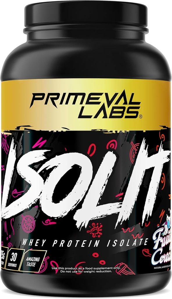 Primeval Labs ISOLIT - syrovátkový proteinový prášek, 100% syrovátkový izolát, 25 g proteinu, BCAA, rychlé absorbování, snadné trávení (ovocná cereálie, 2lb)