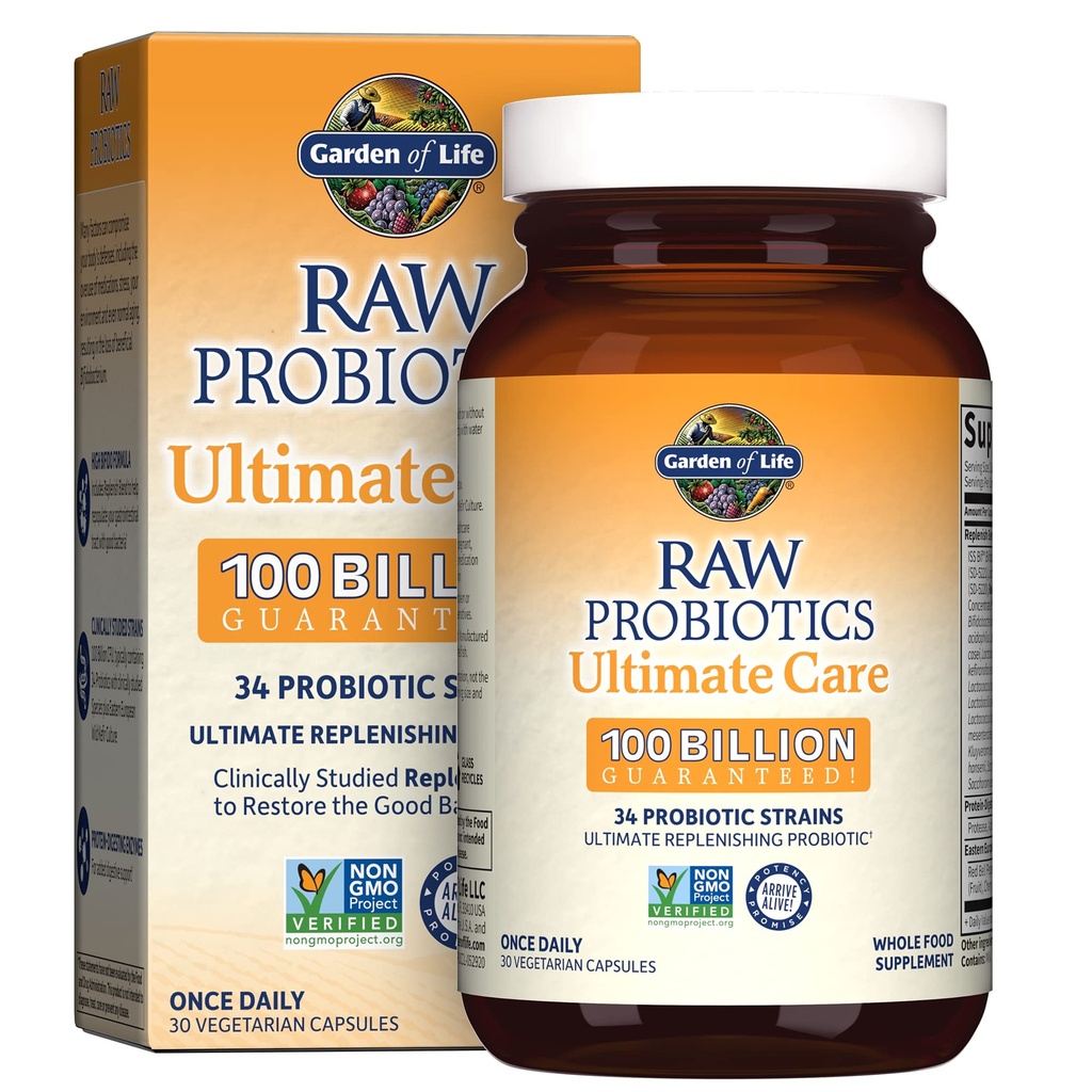 Zahrada života Raw Probiotika Ultimate Care - 100 miliard CFU - Dietní dodatek pro podporu zdraví - Pro ženy a muže - 30 Vegetariánské kapsle