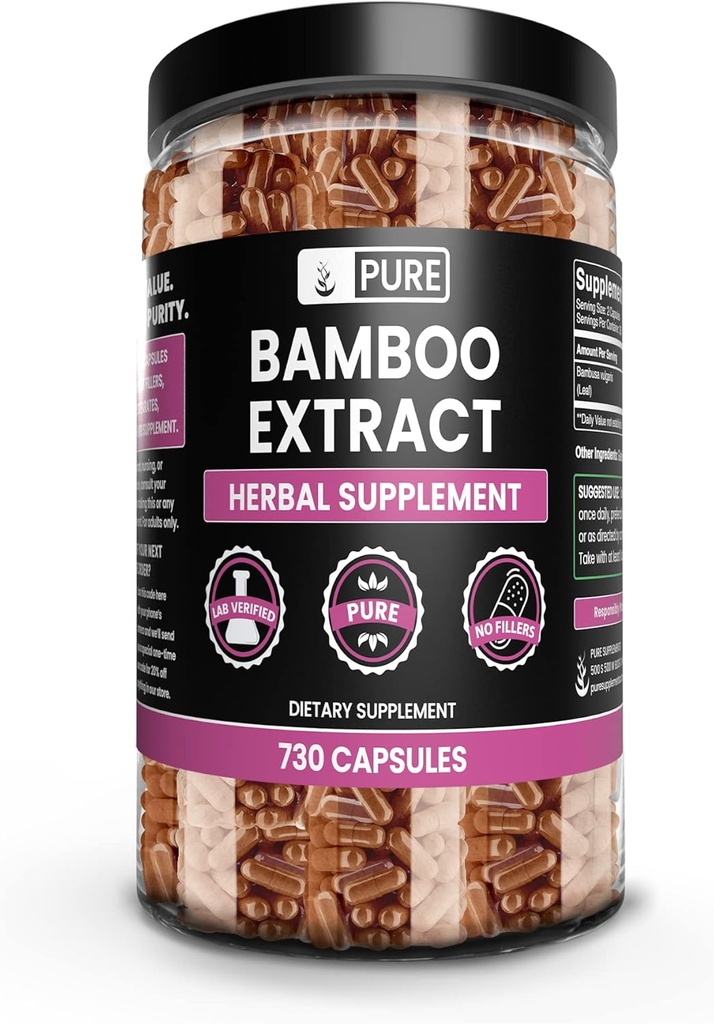 Čisté původní ingredience Bamboo Extract (730 Kapsle) Ne hořčík nebo rýžové plnidla, Vždy čisté, Laboratorní ověřené