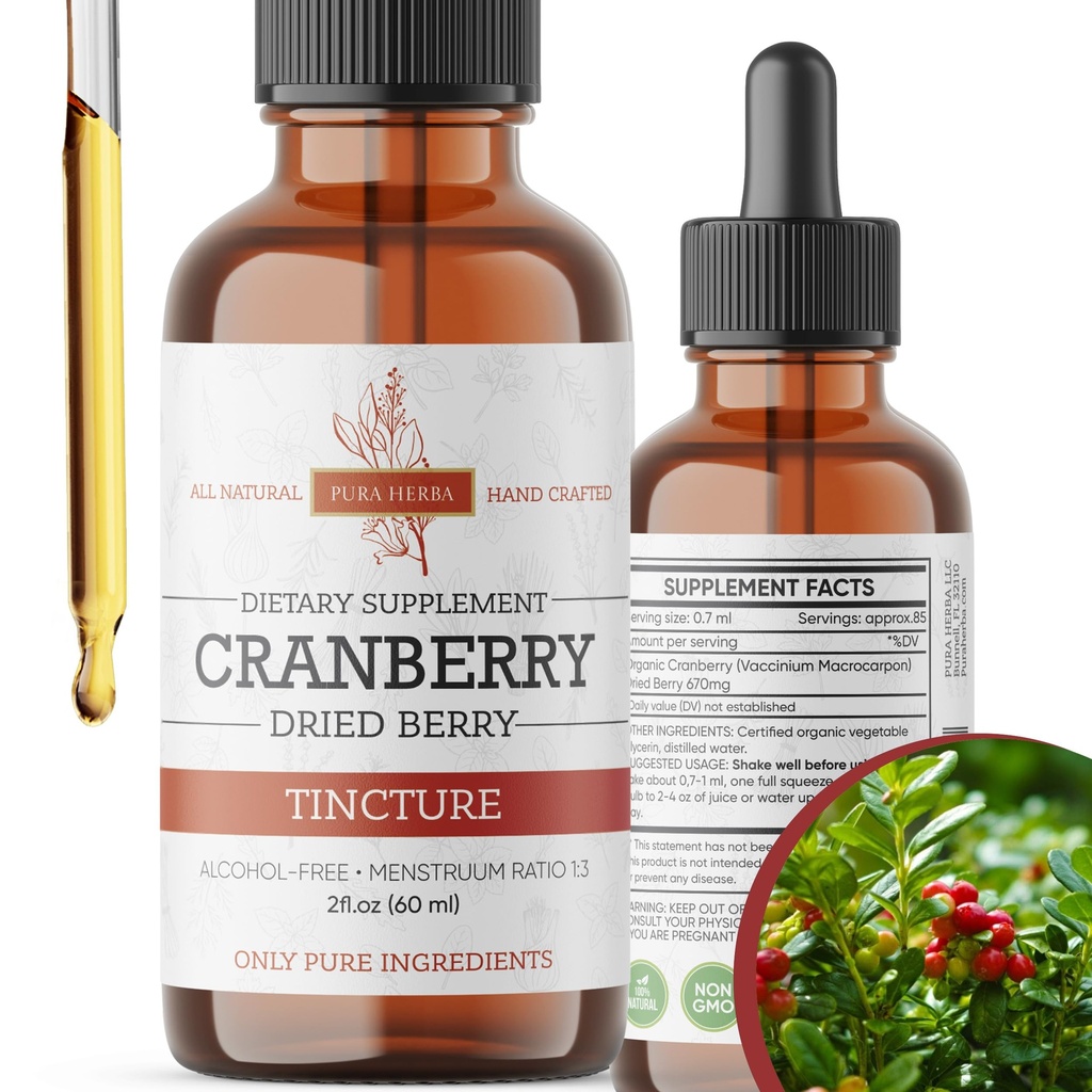 Brusinková tinktura - Organic Cranberry Extract Liquid, Alkohol - Volný bylinný dodatek - Made in USA