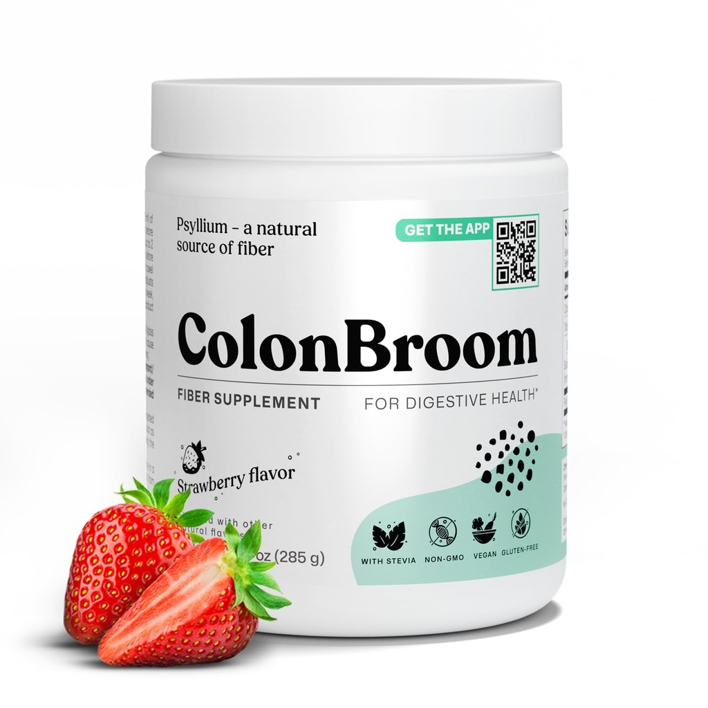ColonBroom Psylium Husk Powder (Strawberry) - Colon Cleanse for Bloating Relief & Gut Health - Colon Broom Fiber Powder Drink - Vegan, gluten zdarma, Non-GMO Fiber Powder Dodatek, 50 Služeb