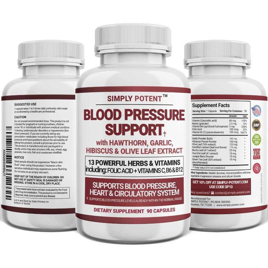 Krevní tlak Supplements - Zdravé srdce, Cholesterol, Kardio, Hypertenze, vysoký tlak - 13 Vitamíny & Byliny - Kyselina listová, Vitamíny C B6 & B12, Hawthorn Olive Leaf Česnek, 90 Kapsle