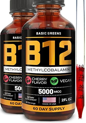 Vitamin B12 Sublingvální tekuté kapky 5000 mcg - Vegan methyl B-12 dodatek pro energii a focus - B 12 Vitamin pro ženy a muže - Rychlá absorpce methylkobalaminu - 120 Servings - 4 fl oz