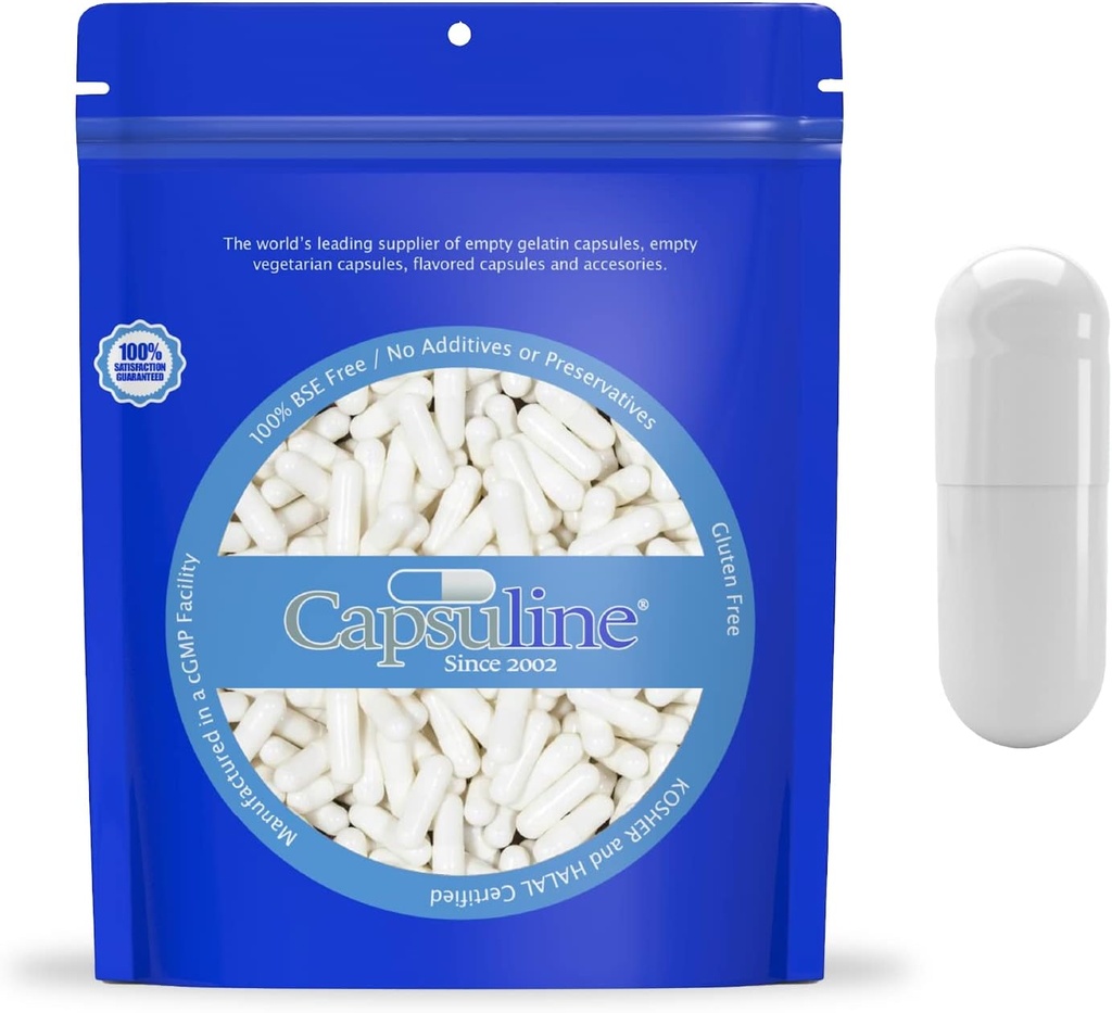 Capsuline Velikost 000 - Barevné bílé prázdné želatiny Kapsle - 10000 Počet - Prázdný gel Pill Kapsle - DIY Čisté plnicí kapsle - Prázdné kapsle - Kosher a Halal Certified - Non- GMO Certified