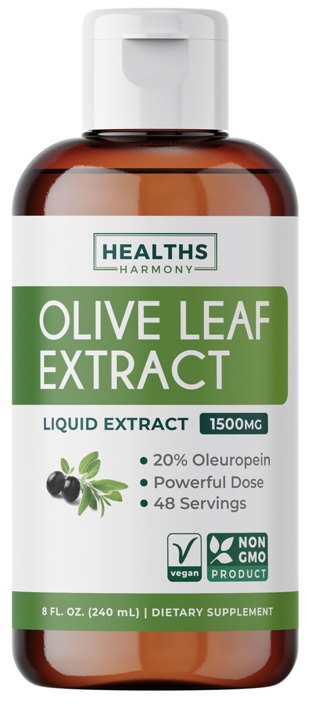 Olive Leaf Extract (Non- GMO) Super Strength: 20% Oleuropein - 1500mg - Vegetarian - Imunitní Supplement, Skin Health, and Powerful Antioxidants Supplement - Liquid Extract - 8 Fl Oz