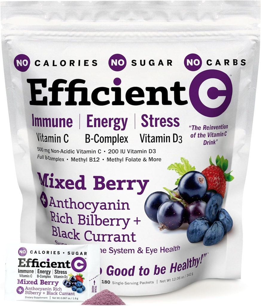 ANDREW LESSMAN Efektivní C Mixed Berry 90 Packets - Imunní, Energie, Stress a Oční Zdraví Podpora. Znovuobjevení vitamínu C. Žádné kalorie. Žádný cukr. Žádné sacharidy. Snadno se míchá.